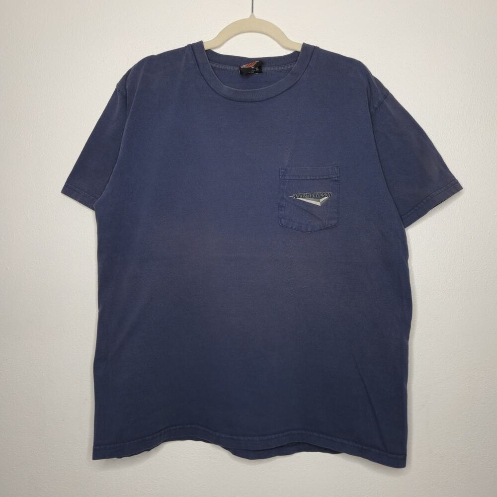 Vintage y2k Harley Davidson Blue Pocket Shirt Faded Double Sided XL Biker